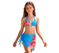 Generisch Bikini da bambina con motivo floreale, in due pezzi, ideale per il bagno in estate sulla spiaggia, perfetto per adolescenti e bambini, Celeste., 11-12 Anni