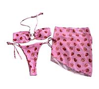 Generisch Bikini da donna a tre pezzi in rete con coulisse, dettagli con lacci per le vacanze in spiaggia, Colore: rosa., L