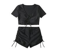 Generisch Bikini da donna a vita alta, scollo a U, costume da bagno in due pezzi, design a nodo con allacciatura anteriore per un perfetto look in spiaggia, Nero , L
