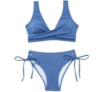 Generisch Bikini da donna con motivo floreale e papillon sexy, costume da bagno in due pezzi, Azzurro, L