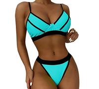 Generisch Bikini da donna con reggiseno imbottito con stampa ricamata, design per vacanze in spiaggia, piscina, Blu, L