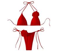 Generisch Bikini da donna, costume da bagno con fiori 3D, costume da bagno in due pezzi, top con allacciatura al collo e slip perizoma a vita bassa, costume da bagno con fiori 3D, Colore: rosso, S