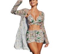 Generisch Bikini da donna, set bikini da donna, costume da bagno, 3 pezzi, stampa floreale, bikini con copertina, sexy, costume da bagno a tre pezzi, a vita bassa, costume da bagno bohémien, costume