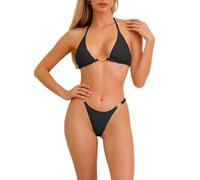 Generisch Bikini da donna, set classico a triangolo, costume da bagno in due pezzi, sexy, perizoma regolabile, cinghie di legatura, bikini a vita bassa, costume da bagno alla moda da spiaggia, Nero