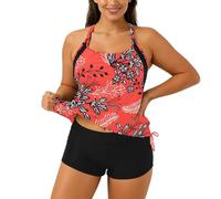 Generisch Bikini da donna, set da due pezzi, costume da bagno tankini con motivo floreale, composto da una mutandina dal taglio alto, un top rashguard., Colore: arancione., XXL
