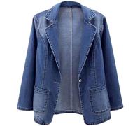 Generisch Blazer da donna, lungo, per le mezze stagioni, elegante, in jeans, taglie grandi, blazer, slim fit, giacca in denim, vintage, da motociclista, da streetwear, da donna, in jeans, Blu, 3XL