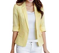 Generisch Blazer Donna Maniche a 3/4 in lino e cotone, Slim Fit, blazer corto con tasche, tinta unita, temperamento, blazer con un bottone, semplice e versatile, con risvolto, leggero, business,