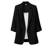 Generisch Blazer estivo da donna, taglie forti, blazer con un bottone, in cotone e lino, tinta unita, temperamento, con tasche, casual, leggero, blazer a 3/4, business, ufficio, blazer, Nero , XXXL