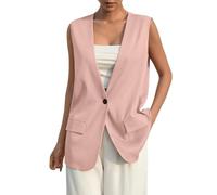 Generisch Blazer, gilet da donna senza maniche, lungo, in tinta unita, da ufficio, con scollo a V, elegante, con un bottone, con tasche