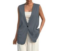 Generisch Blazer, gilet da donna senza maniche, lungo, in tinta unita, da ufficio, con scollo a V, elegante, con un bottone, con tasche