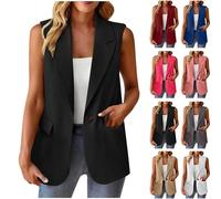 Generisch Blazer - Gilet sportivo elegante senza maniche da donna, tinta unita, giacca da tailleur frontale, giacca da tailleur lunga, giacca da tailleur per ufficio, con bottoni, gilet da tailleur