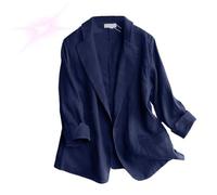 Generisch Blazer in lino da donna in estate, leggero, con maniche a 3/4, per lavoro, casual, da lavoro, Blu scuro, 3XL