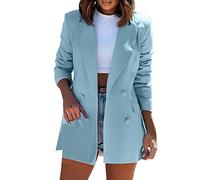 Generisch Blazer sportivo da donna blu, blazer lungo, elegante e festivo, giacca a maniche lunghe, giacca a doppio filetto da donna, blazer con risvolto, trench cappotto aperto sul davanti, giacca da
