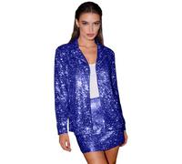 Generisch Blazer - Vestito da donna con glitter per Capodanno, gonna corta e blazer, combinazione festiva con glitter e giacca lunga per Carnevale, taglie grandi, elegante, per feste, giacca e blazer