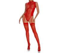 Generisch Body altamente elastico in pelle PU con cerniera e cavallo aperto, biancheria intima da donna e abbigliamento alla moda bondage, Colore: rosso, L