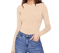 Generisch Body da donna a maniche lunghe con scollo rotondo, maglietta in maglia elasticizzata, sottoveste elegante e sexy, top bustier, body slim fit, jumpsuit a vestito intero con scollo rotondo