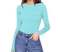 Generisch Body da donna a maniche lunghe con scollo rotondo, maglietta in maglia elasticizzata, sottoveste elegante e sexy, top bustier aderente, bodys slim fit, jumpsuit intera con scollo rotondo