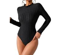 Generisch Body da donna a maniche lunghe, elegante, sexy, basic, a coste, con scollo a V, collo alto, girocollo, da donna, tuta intera da donna, D Black, XS