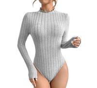 Generisch Body da donna a maniche lunghe, elegante, sexy, basic, a coste, con scollo a V, collo alto, girocollo, da donna, tuta intera da donna, D grigio., L