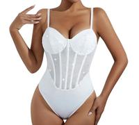 Generisch Body da donna con paillette, in rete, biancheria intima con brillantini, per donna, elegante, sottile, con spalline scoperte, alla moda, trasparente, bustino, corsetto a rete, tuta, bianco