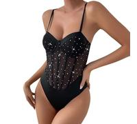 Generisch Body da donna con paillette, in rete, biancheria intima con brillantini, per donna, elegante, sottile, con spalline scoperte, alla moda, trasparente, bustino, corsetto a rete, tuta, Nero , L