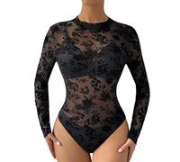 Generisch Body da donna in pizzo, a maniche lunghe, con stampa floreale, a maniche lunghe, girocollo, in un pezzo unico, Nero , M