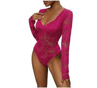 Generisch Body da donna in pizzo, con scollo a V, a maniche lunghe, per club, feste, elegante, in pizzo, slim fit, Y2K Going Out Tops trasparente