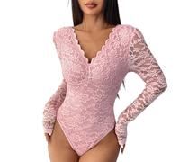 Generisch Body da donna sexy in pizzo Bodysuit a maniche lunghe con scollo a V Body eleganti curvy con top aderente con snap crotch Slim Fit Top da party Body in pizzo Body in pizzo floreale con