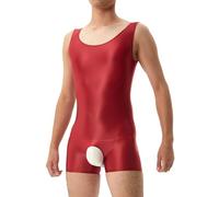Generisch Body da uomo a olio lucido con cavallo aperto elastico liscio canotta sportiva bodybuilding leotard intero corpo intimo shapewear body suit collant lisci, Colore: rosso, XL