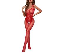 Generisch Body in nylon, lingerie da donna, per tutto il corpo, con cavallo aperto, calze a rete, lingerie, Colore: rosso, Taglia unica