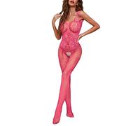 Generisch Body in nylon, lingerie da donna, per tutto il corpo, con cavallo aperto, calze a rete, lingerie, rosa intenso, Taglia unica