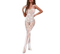 Generisch Body in nylon, lingerie da donna, per tutto il corpo, con cavallo aperto, calze a rete, lingerie, bianco, Taglia unica