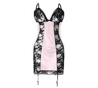 Generisch Body nero lingerie perizoma set biancheria da notte abito da notte pigiama senza schiena scoperta, camicia da notte traslucida da donna, calze autoreggenti, Colore: rosa., 3XL