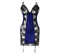 Generisch Body nero lingerie perizoma set biancheria da notte abito da notte pigiama senza schiena scoperta, camicia da notte traslucida da donna, calze autoreggenti, Blu, 3XL