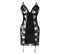Generisch Body nero lingerie perizoma set biancheria da notte abito da notte pigiama senza schiena scoperta, camicia da notte traslucida da donna, calze autoreggenti, Nero , 3XL