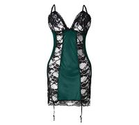 Generisch Body nero lingerie perizoma set biancheria da notte abito da notte pigiama senza schiena scoperta, camicia da notte traslucida da donna, calze autoreggenti, verde, 3XL