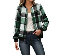 Generisch Bomber, giacca da donna senza cappuccio, giacca a scacchi da donna, per la transizione, da pilota, con cerniera, casual, con cerniera, per il college, per lo sport all'aria aperta, verde, L