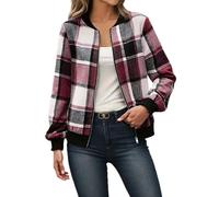 Generisch Bomber, giacca da donna senza cappuccio, giacca a scacchi da donna, per la transizione, da pilota, con cerniera, casual, con cerniera, per il college, per lo sport all'aria aperta, Vino, XXL