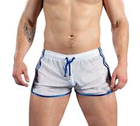 Generisch Boxer da uomo + costume da bagno in rete trasparente, ad asciugatura rapida, mini sottoveste traspiranti, fishnet, pantaloncini corti da allenamento, fitness, pantaloncini da bagno, bianco