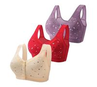 Generisch Bustier - Reggiseni da donna in cotone per anziani, confezione da 3 pezzi, 2024, reggiseni in cotone con bottoni anteriori, comodi, a tenuta completa, schiena larga, senza ferretto, verde