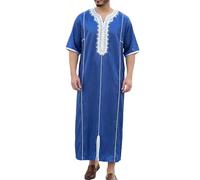 Generisch Caftano Uomo Abbigliamento Islamico Manica 3/4 Thobe Scollo a V Abaya Musulmano Arabo Robe Oversize Abbigliamento Preghiera Eid Abbigliamento Medio Oriente Camicia Uomo, Blu, L