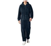 Generisch Calda tuta in pile da uomo Teddy Fleece Pigiama intero con zip Winter Fluffy Pigiama con cappuccio Relaxed Fit, biancheria da notte calda e soffice, tuta lunga in peluche, Blu marino, M