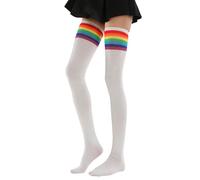 Generisch Calze alla moda e alte cosce da donna, calze al ginocchio a righe, morbide, comode, elastiche, lunghe per uso quotidiano, casa, feste e abbigliamento casual, bianco, Taglia unica