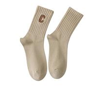 Generisch Calze sportive da donna in cotone pettinato ricamato lettera Big C in stile collegio calze sopra il ginocchio grigie, cachi, Taglia unica