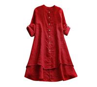 Generisch Camicetta a bottone da donna, casual, lunga camicia, con maniche lunghe in lino, collant per Halloween, Colore: rosso, M