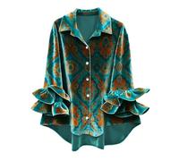 Generisch Camicetta alla moda con orlo a balza a maniche lunghe collo a risvolto da donna, comoda nella vita di tutti i giorni, ideale per l'ufficio o le vacanze, verde, S