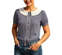 Generisch Camicetta da donna a maniche corte con colletto rovesciato, elegante camicia tradizionale bavarese per Oktoberfest bavarese, 2-blu, M