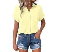 Generisch Camicetta da donna a maniche corte con scollo a V e abbottonatura continua, leggera estiva con maniche piegate, versatile camicia per il tempo libero per l'ufficio e la vita quotidiana