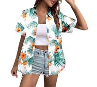 Generisch Camicetta da donna a maniche corte pronta per le vacanze, combinata con stampa tropicale, camicia con colletto e bottoni, look resortiger per l'estate e la città, Stil_b01 Bianco, M
