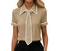 Generisch Camicetta da donna con fiocco a farfalla, colletto rovesciato, a maniche corte, elegante, abbigliamento da lavoro, camicetta estiva, vestibilità aderente, per il tempo libero, cachi, L